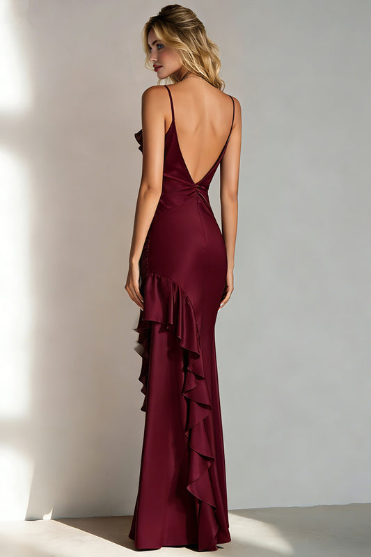 Burgundy Spaghetti Straps Satin Long Bridesmaid Dress with Ruffles