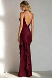 Burgundy Spaghetti Straps Satin Long Bridesmaid Dress with Ruffles