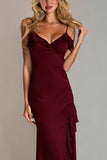 Burgundy Spaghetti Straps Satin Long Bridesmaid Dress with Ruffles