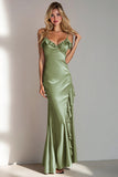 Burgundy Spaghetti Straps Satin Long Bridesmaid Dress with Ruffles