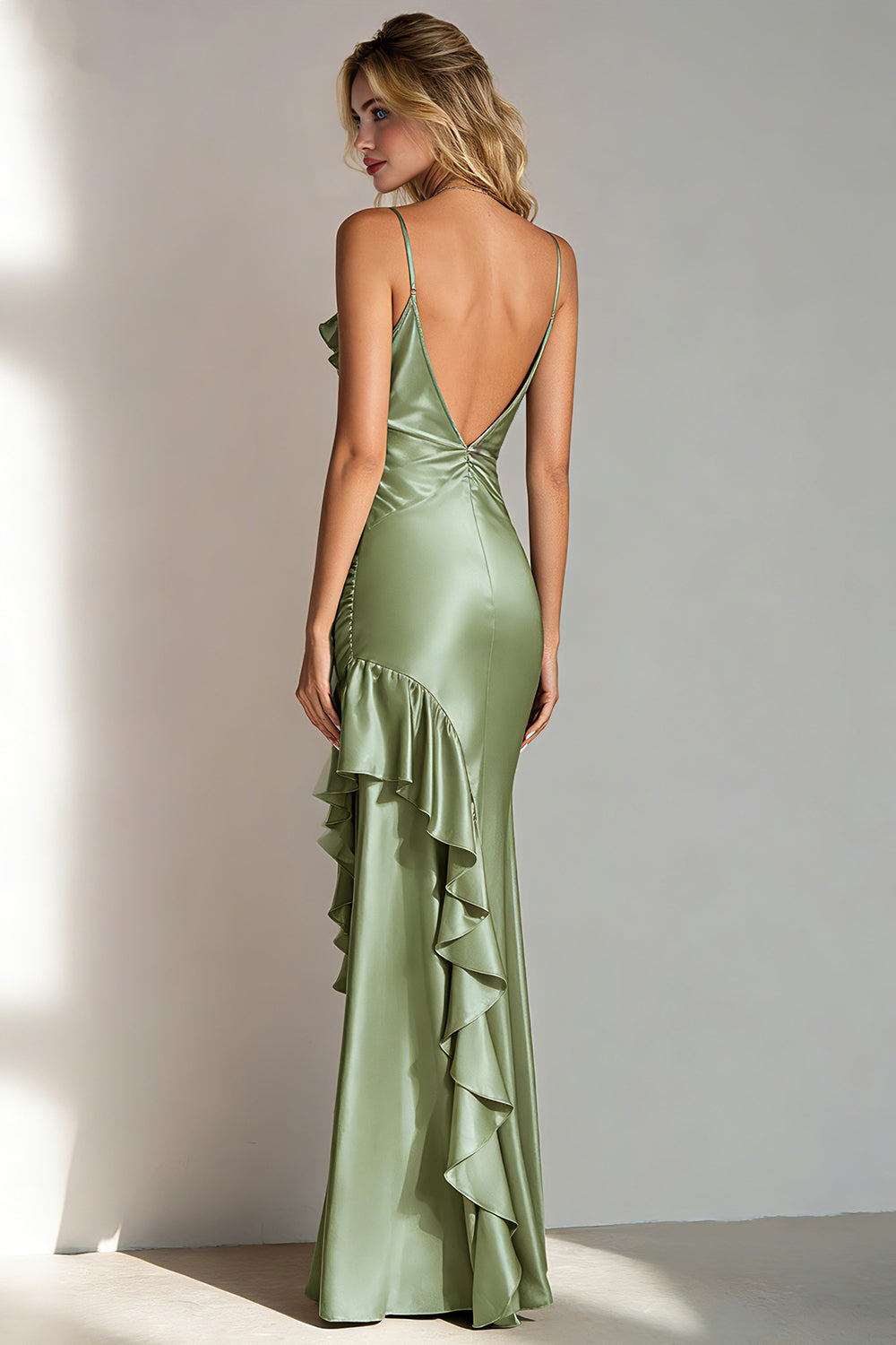 Burgundy Spaghetti Straps Satin Long Bridesmaid Dress with Ruffles