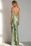 Burgundy Spaghetti Straps Satin Long Bridesmaid Dress with Ruffles