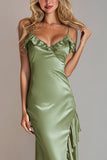 Burgundy Spaghetti Straps Satin Long Bridesmaid Dress with Ruffles