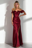 Simple Burgundy Off the Shoulder Mermaid Satin Long Bridesmaid Dress with Slit