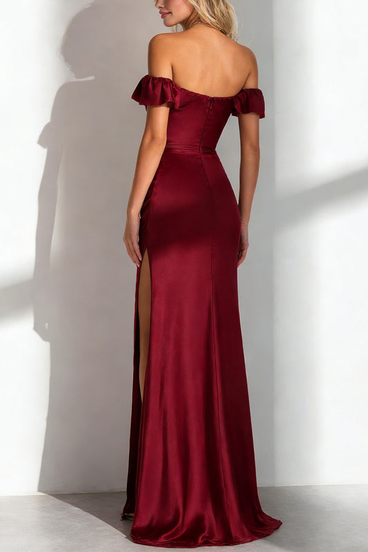 Simple Burgundy Off the Shoulder Mermaid Satin Long Bridesmaid Dress with Slit