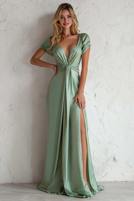 Light Green Satin V Neck A Line Long Bridesmaid Dress with Slit