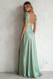 Light Green Satin V Neck A Line Long Bridesmaid Dress with Slit