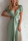 Light Green Satin V Neck A Line Long Bridesmaid Dress with Slit