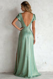 Light Green Satin V Neck A Line Long Bridesmaid Dress with Slit