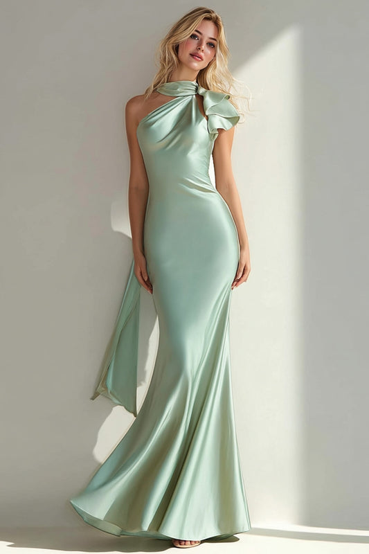 Light Green Mermaid Satin Neck Scarf Long Bridesmaid Dress