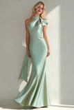 Light Green Mermaid Satin Neck Scarf Long Bridesmaid Dress