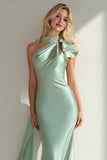 Light Green Mermaid Satin Neck Scarf Long Bridesmaid Dress