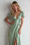 Light Green Satin Short Sleeves V Neck A Line Long Bridesmaid Dress with Slit