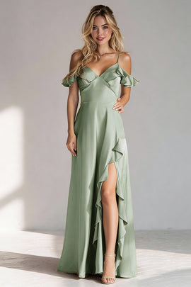 Light Green Spaghetti Straps A Line Ruffled Long Bridesmaid Dress with Slit