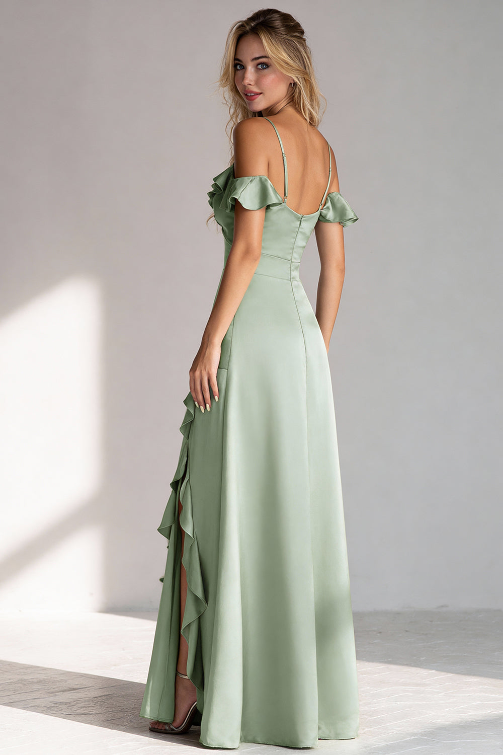 Light Green Spaghetti Straps A Line Ruffled Long Bridesmaid Dress with Slit