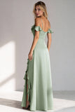 Light Green Spaghetti Straps A Line Ruffled Long Bridesmaid Dress with Slit