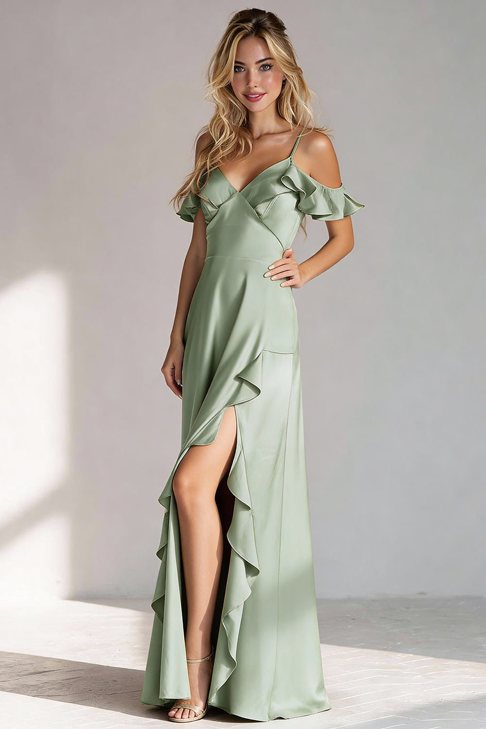 Light Green Spaghetti Straps A Line Ruffled Long Bridesmaid Dress with Slit