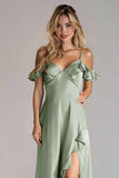 Light Green Spaghetti Straps A Line Ruffled Long Bridesmaid Dress with Slit
