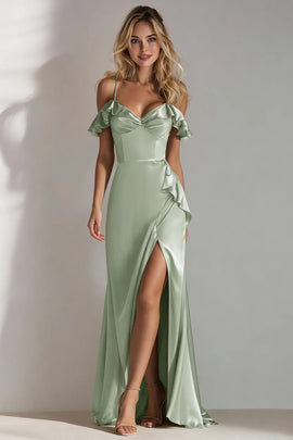 Light Green A Line Cold Shoulder Ruffled Satin Long Bridesmaid Dress with Slit