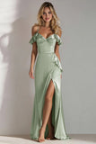 Light Green A Line Cold Shoulder Ruffled Satin Long Bridesmaid Dress with Slit