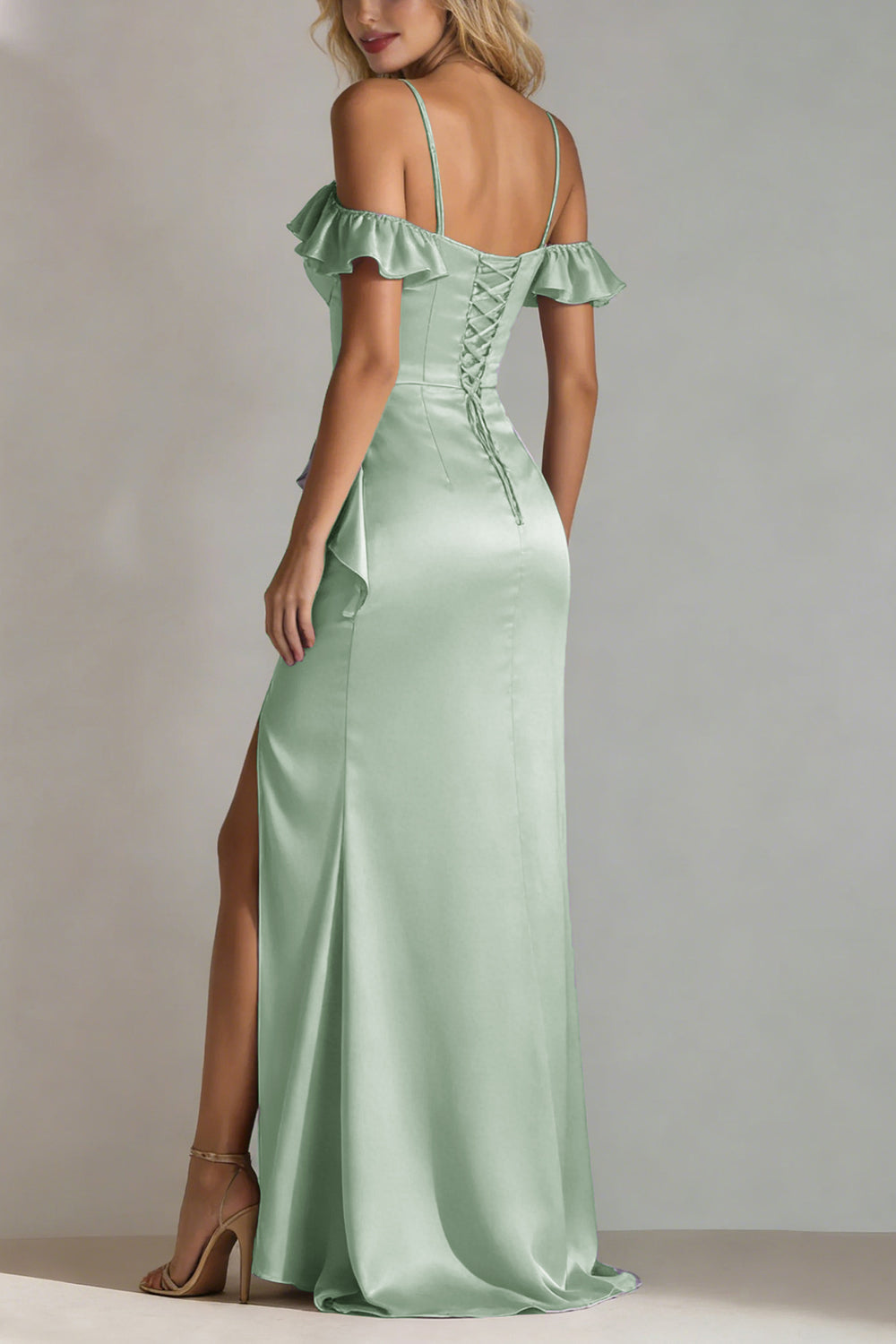 Light Green A Line Cold Shoulder Ruffled Satin Long Bridesmaid Dress with Slit