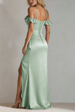 Light Green A Line Cold Shoulder Ruffled Satin Long Bridesmaid Dress with Slit