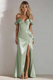 Light Green A Line Cold Shoulder Ruffled Satin Long Bridesmaid Dress with Slit