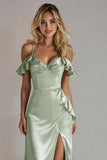 Light Green A Line Cold Shoulder Ruffled Satin Long Bridesmaid Dress with Slit