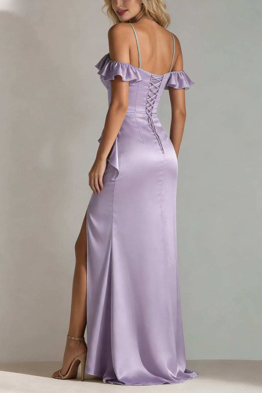 Light Green A Line Cold Shoulder Ruffled Satin Long Bridesmaid Dress with Slit