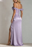 Light Green A Line Cold Shoulder Ruffled Satin Long Bridesmaid Dress with Slit