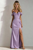 Light Green A Line Cold Shoulder Ruffled Satin Long Bridesmaid Dress with Slit