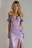 Light Green A Line Cold Shoulder Ruffled Satin Long Bridesmaid Dress with Slit