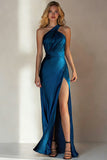 Ink Blue Sheath Satin One Shoulder Long Bridesmaid Dress with Slit