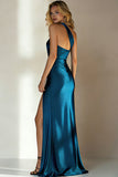 Ink Blue Sheath Satin One Shoulder Long Bridesmaid Dress with Slit