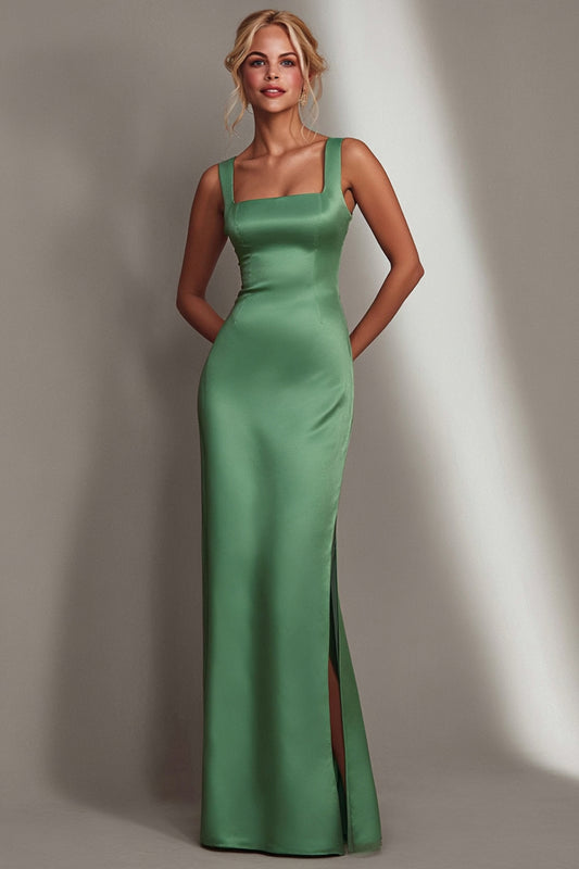 Green Square Neck Mermaid Long Bridesmaid Dress with Slit