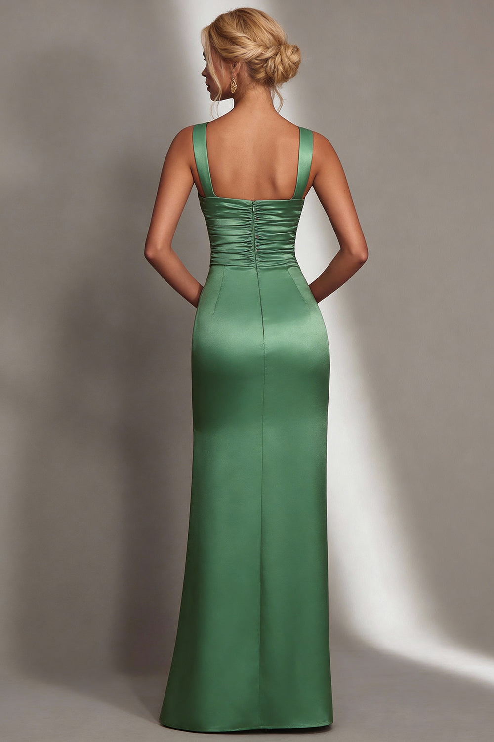 Green Square Neck Mermaid Long Bridesmaid Dress with Slit