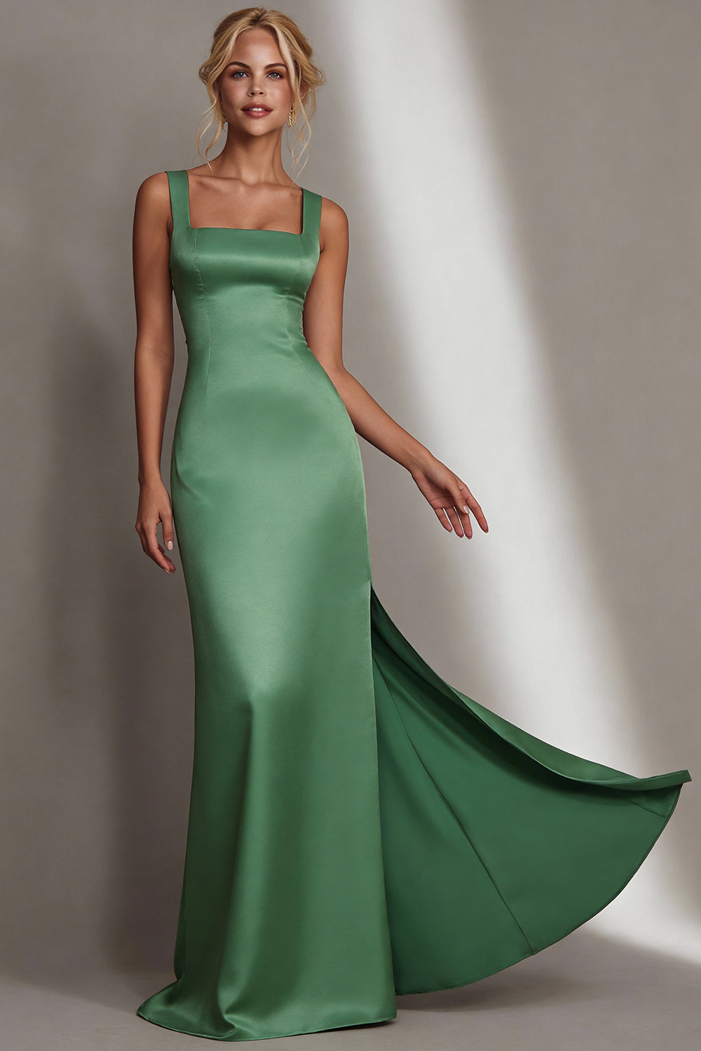 Green Square Neck Mermaid Long Bridesmaid Dress with Slit