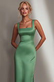 Green Square Neck Mermaid Long Bridesmaid Dress with Slit