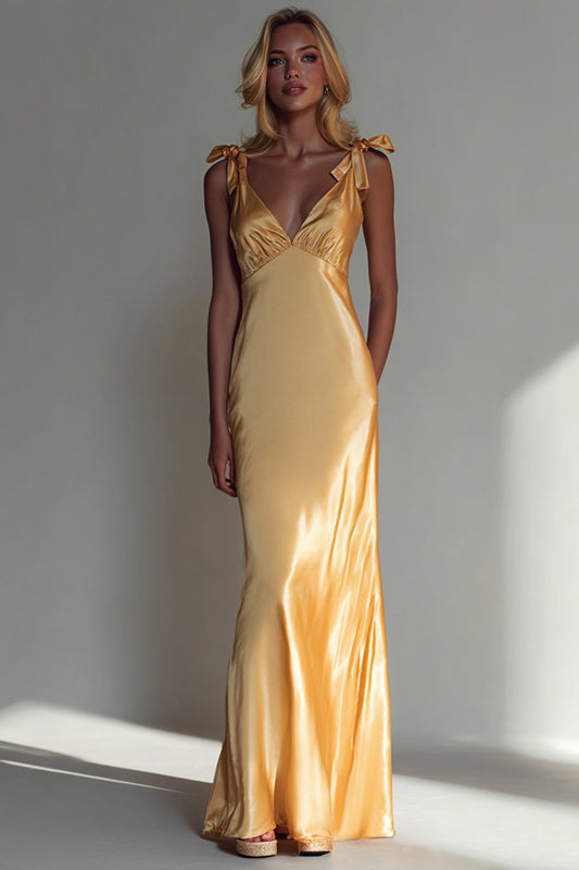 Yellow Satin Mermaid V Neck Long Bridesmaid Dress with Bows