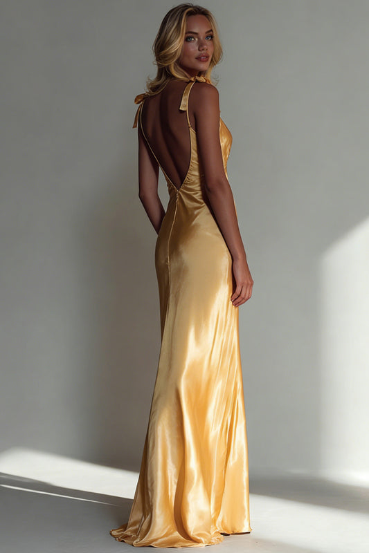 Yellow Satin Mermaid V Neck Long Bridesmaid Dress with Bows