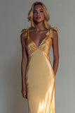 Yellow Satin Mermaid V Neck Long Bridesmaid Dress with Bows