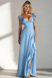 Light Blue V Neck A Line Ruffled Long Bridesmaid Dress with Slit