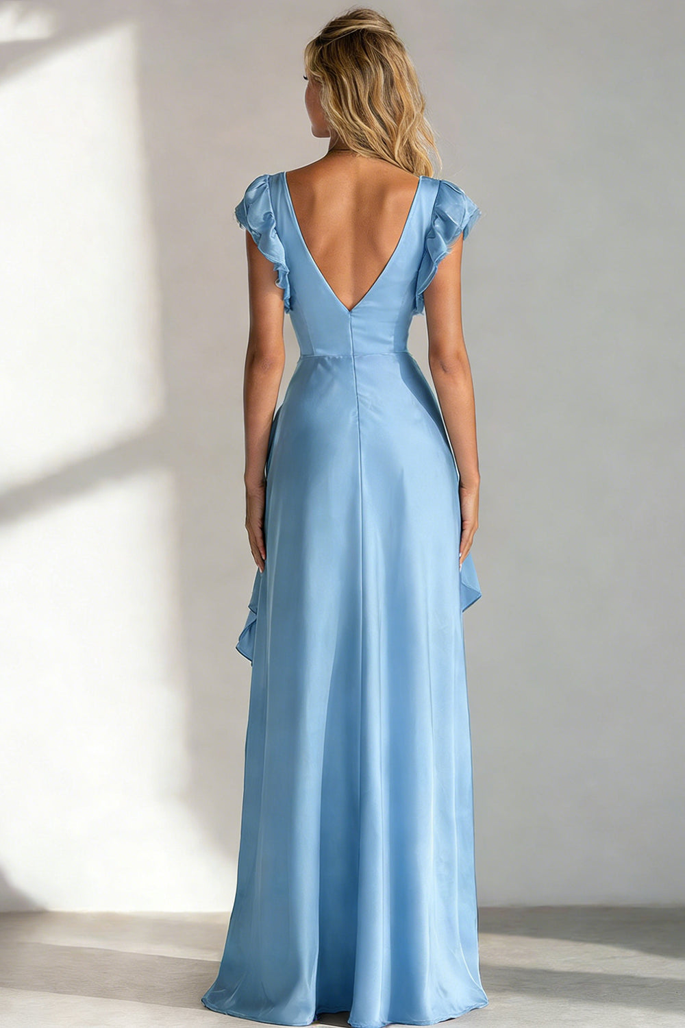 Light Blue V Neck A Line Ruffled Long Bridesmaid Dress with Slit