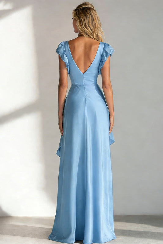 Light Blue V Neck A Line Ruffled Long Bridesmaid Dress with Slit