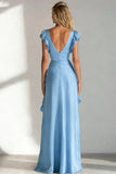 Light Blue V Neck A Line Ruffled Long Bridesmaid Dress with Slit