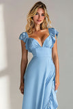 Light Blue V Neck A Line Ruffled Long Bridesmaid Dress with Slit