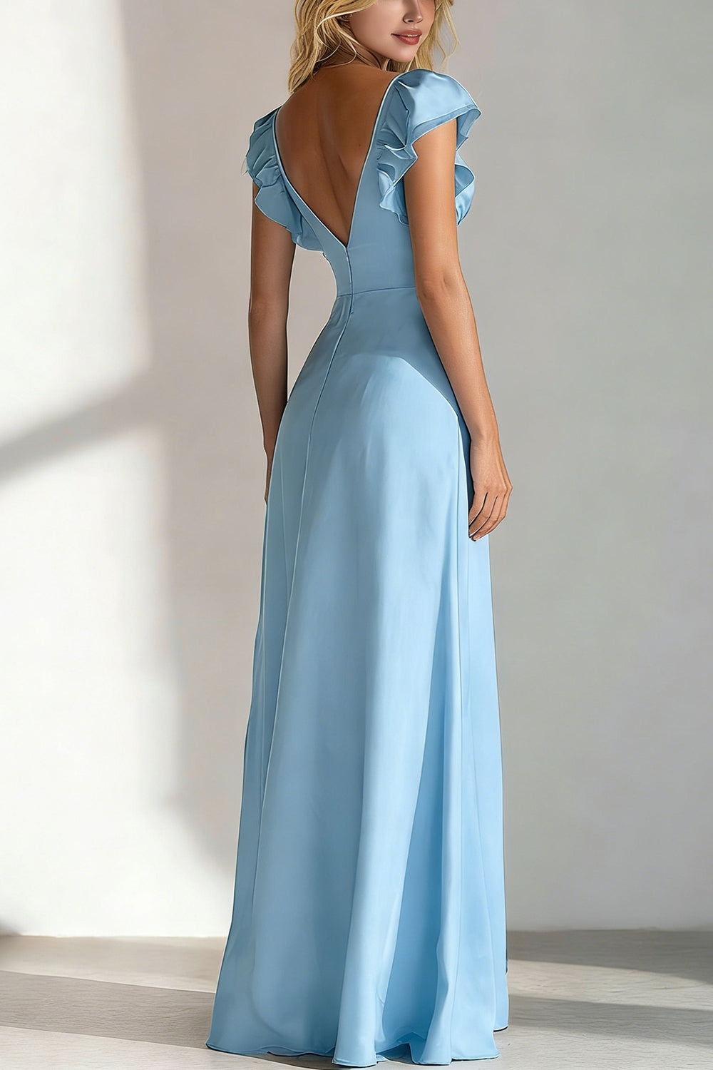 Light Blue V Neck A Line Ruffled Long Bridesmaid Dress with Slit
