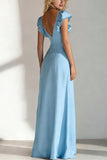 Light Blue V Neck A Line Ruffled Long Bridesmaid Dress with Slit