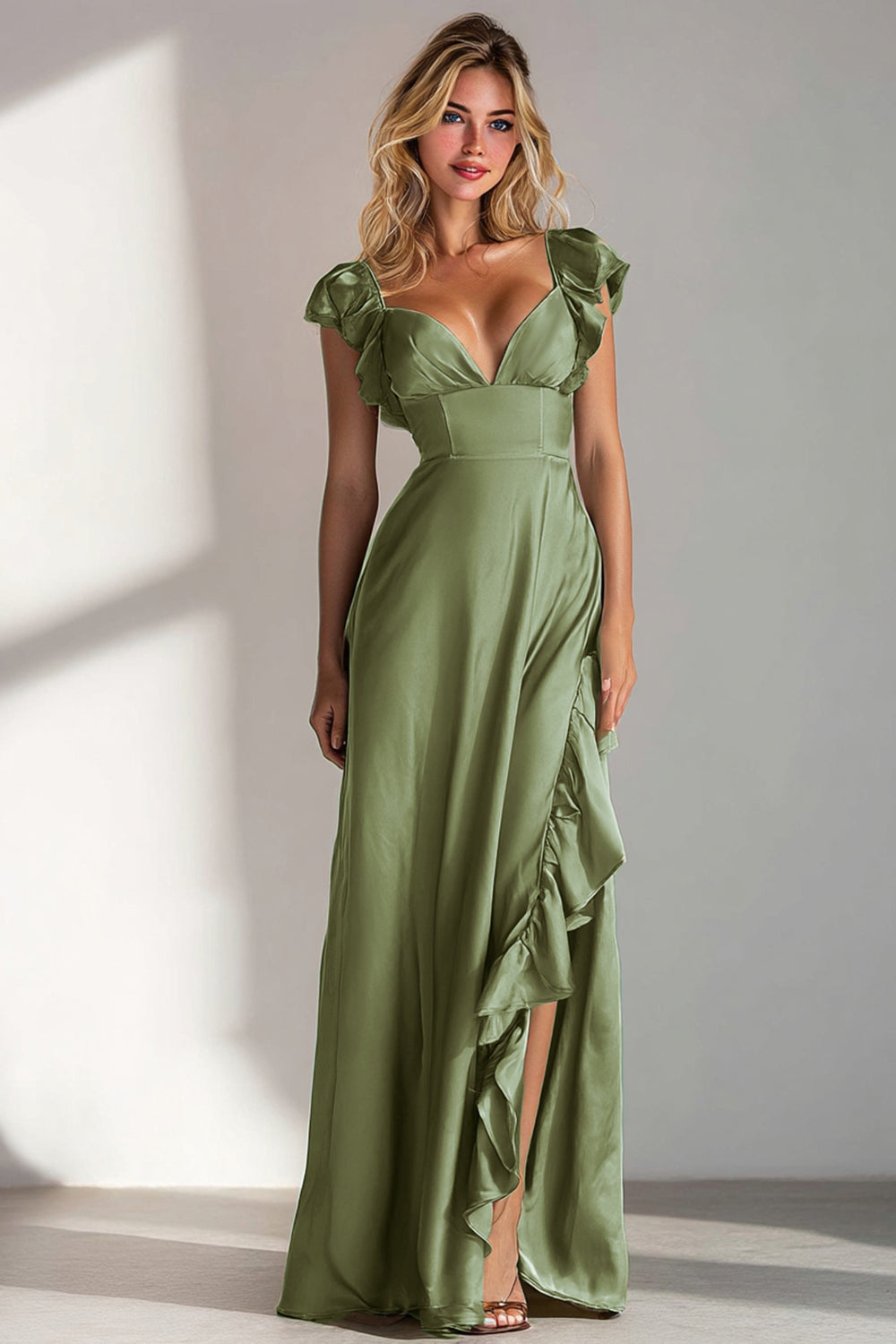 Light Blue V Neck A Line Ruffled Long Bridesmaid Dress with Slit