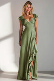 Light Blue V Neck A Line Ruffled Long Bridesmaid Dress with Slit